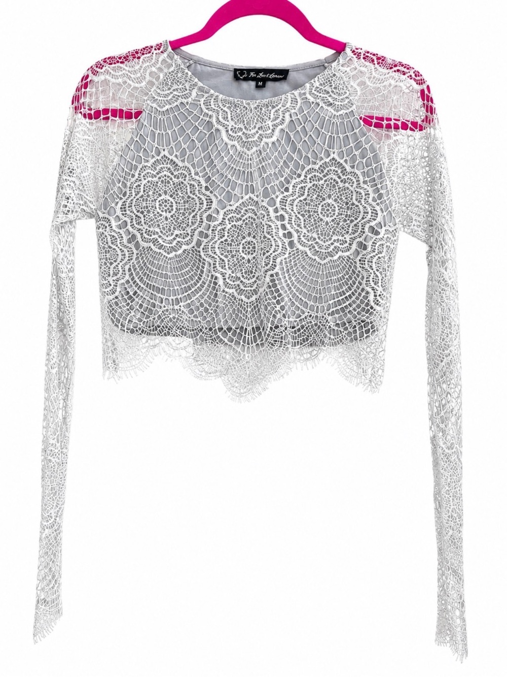 For Love and Lemons - Women's Grey Crochet Lace Long-Sleeve Crop Top